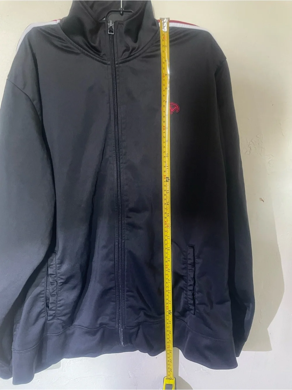 Old Navy Size XL Black Bomber Jacket with Red & White Sleeve Stripes